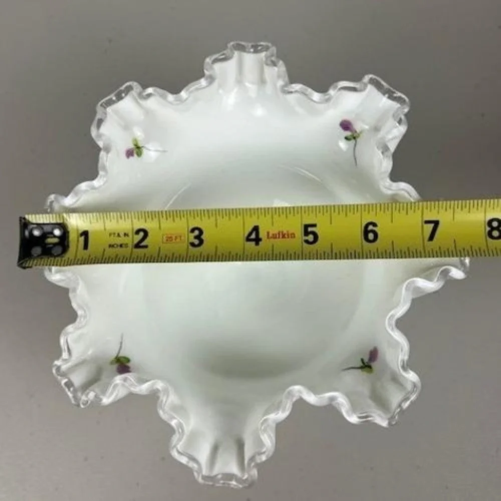 Fenton Milk Glass Violets in the Snow Ruffled Silver Crest Pedestal Compote Bowl